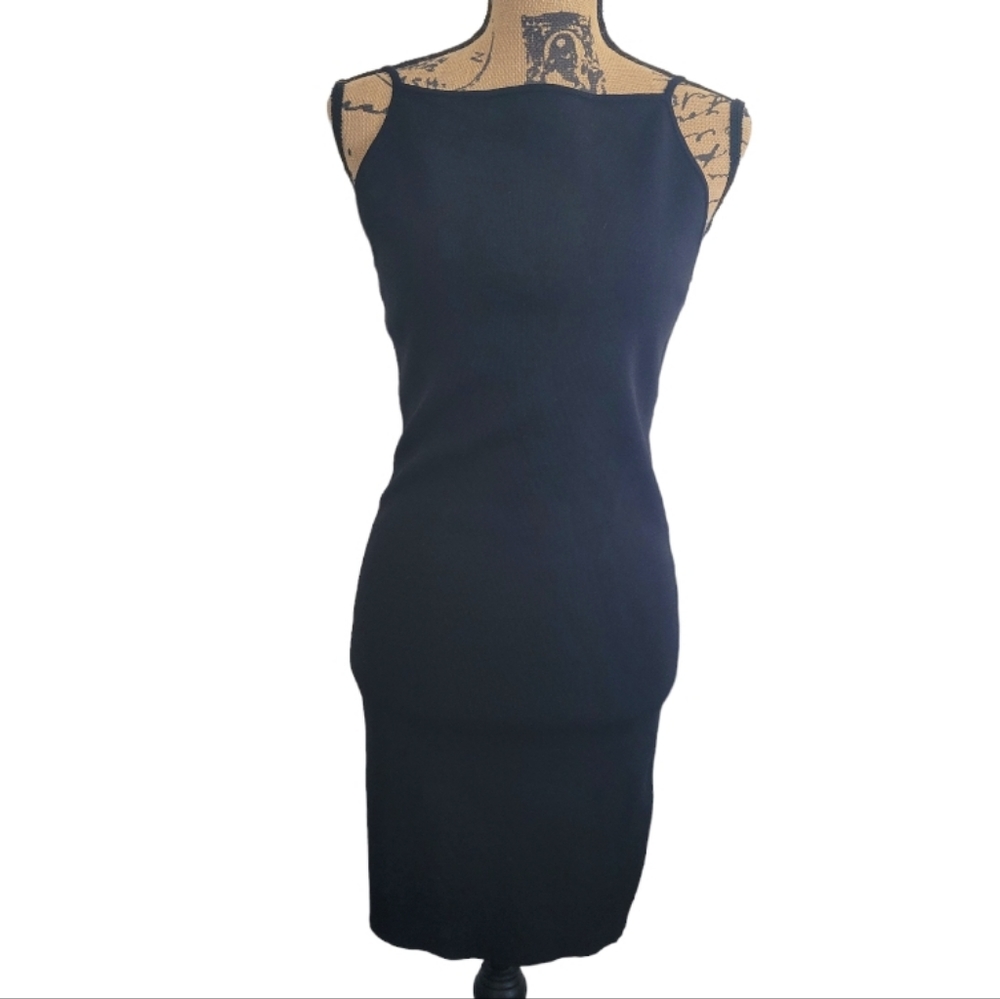 New Large Zara black square neck sleeveless ribbed bodycon mini dress LBD